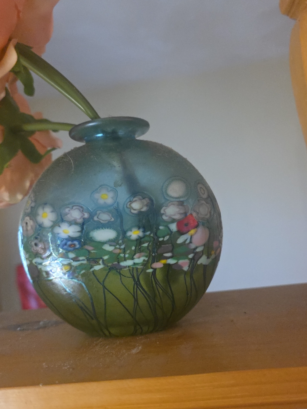 Handblown Blue-Green Floral Millefiori Glass Art Vase